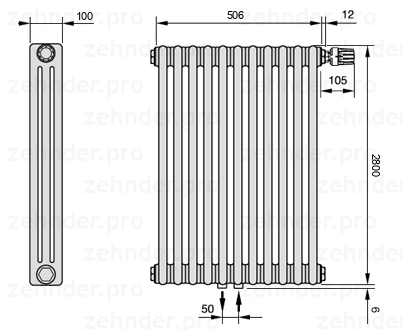 Схема (чертеж) Радиатор Zehnder Charleston 3280/11 №V008 Белый глянцевый RAL 9016
